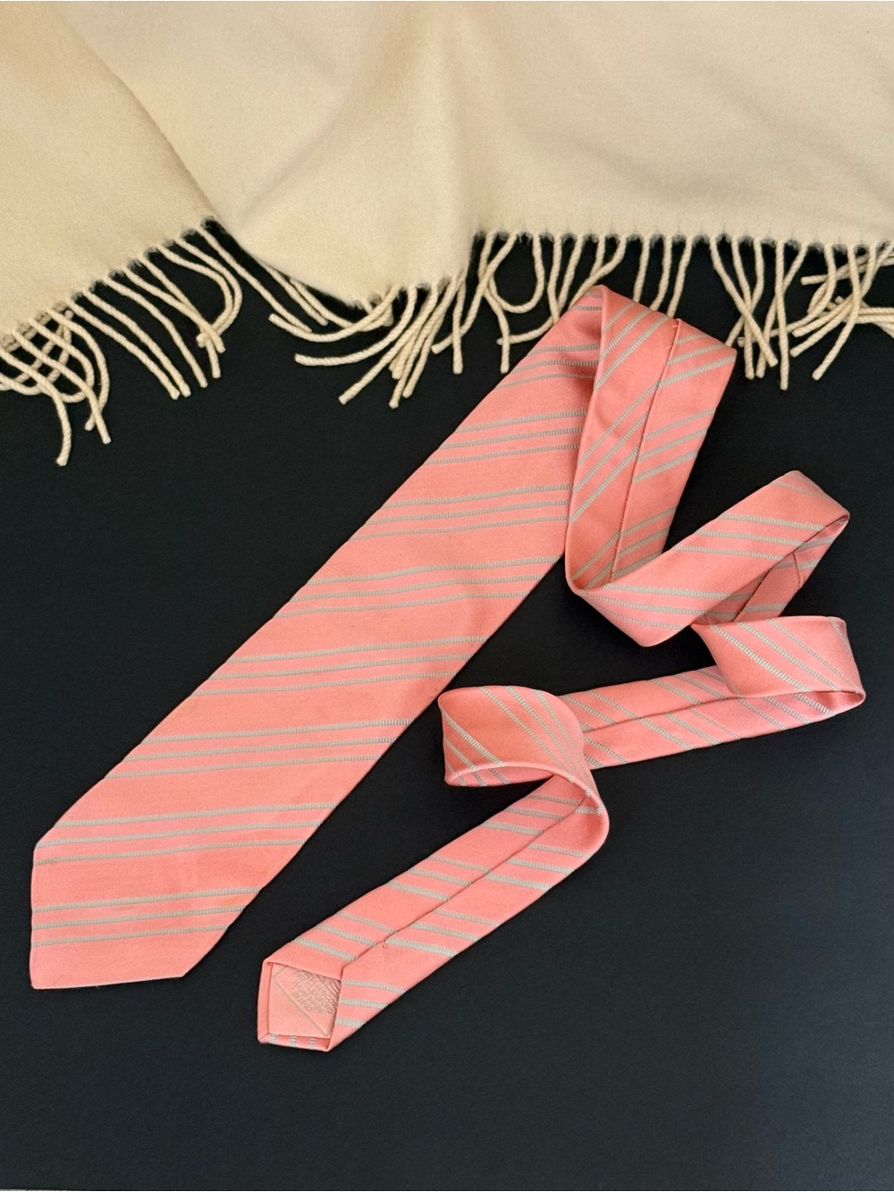 Brioni Coral Pink Silk Stripe Tie with Silver Accents